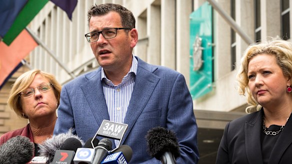 Premier Daniel Andrews, flanked by Police Minister Lisa Neville (left) and Attorney-General Jill Hennessy, announces the royal commission.