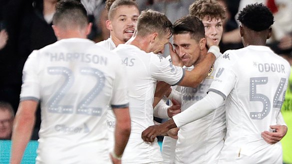Match winner: Leeds United midfielder Pablo Hernandez (third from right). 