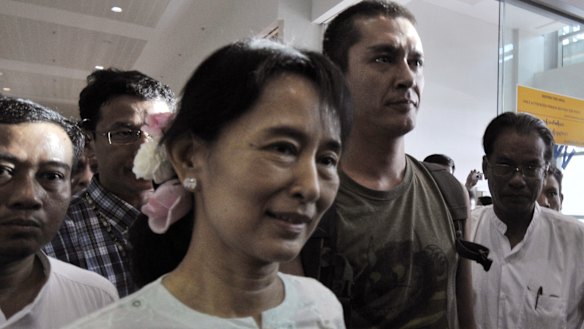 Suu Kyi reunites with her son Kim Aris, right, in 2010 after being released from house arrest. She had been detained for 15 of the preceding 21 years.