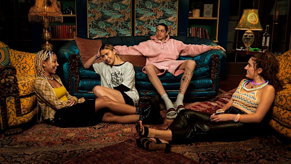 Pete Davidson (middle) plays the obnoxious Dave, whose parents own the isolated house in Bodies, Bodies, Bodies.
