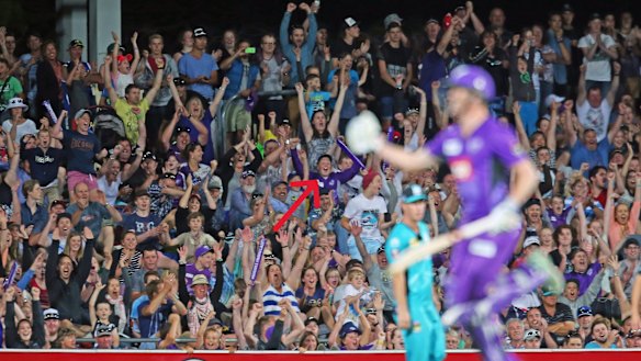 Mitch Owen in the crowd as a teenager as George Bailey celebrates a Hobart Hurricanes win in 2015.