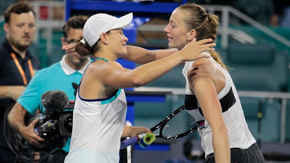 Ashleigh Barty, of Australia, hugs Petra Kvitova, of the Czech Republic, after winning 7-6(6), 3-6, 6-2 during the Miami Open tennis tournament, Wednesday, March 27, 2019. 