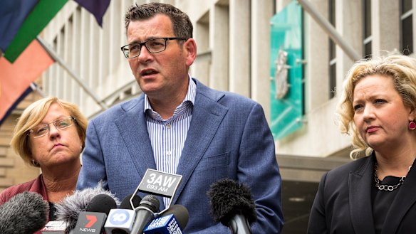 Premier Daniel Andrews, flanked by Police Minister Lisa Neville (left) and Attorney-General Jill Hennessy, announces the royal commission into Informer 3838.