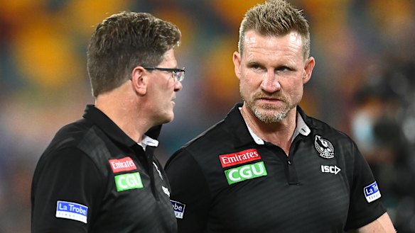 Collingwood coach Nathan Buckley, right, says his team's next opponent, the West Coast Eagles, would be very confident facing the Pies.