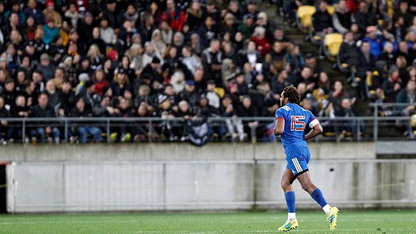 Fall leaves the field after being sent off in the 11th minute by Angus Gardner. 