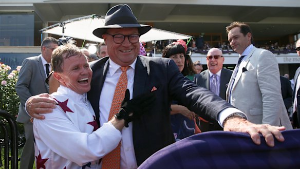Jockey Barend Vorster and trainer Tony McEvoy enjoy Sunlight's triumph.