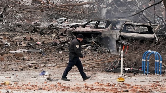 A police officer at the scene of the explosion in downtown Nashville early on Christmas Day.