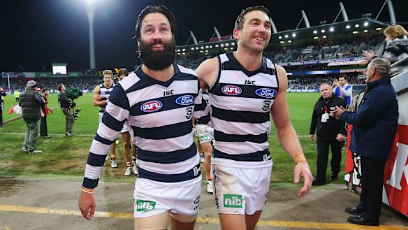 Jimmy Bartel and Corey Enright - inseparable as Cats teammates, and members of the Australian Football Hall of Fame.