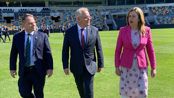 Lord mayor Adrian Schrinner, Prime Minister Scott Morrison and Premier Annastacia Palaszczuk at the Gabba to sign the SEQ City Deal.