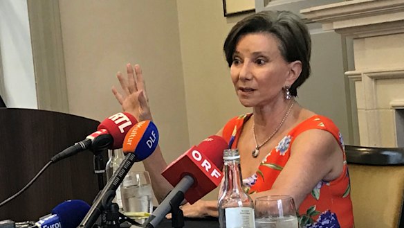 Dr Jan Halper-Hayes, London-based former President of Republicans Overseas speaks to reporters in London