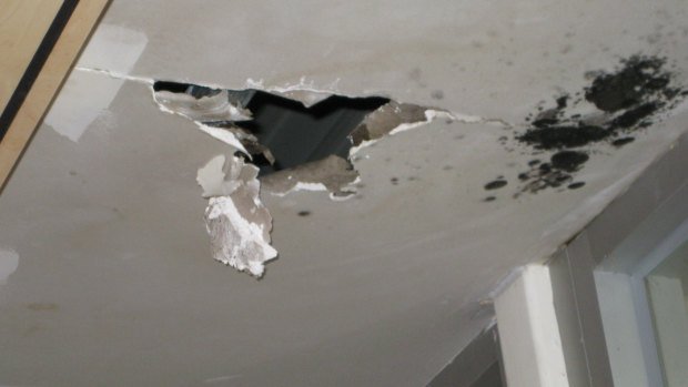 Ceiling damage and mould at Park Towers in April 2019.