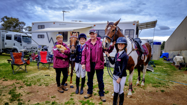 An alternative school holiday: the Hewitt-Toms family drove 3600km from Queensland to compete in the national inter-schools equestrian championships at Werribee this week. 