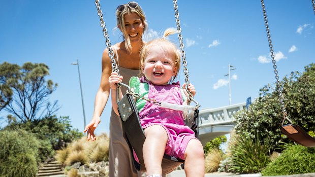 St Kilda mother Madeline Silins with her daughter Myka, who started childcare this year. 