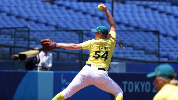 Gabrielle Plain and the Australian softball team are facing a significant deficit in their third match of the week.