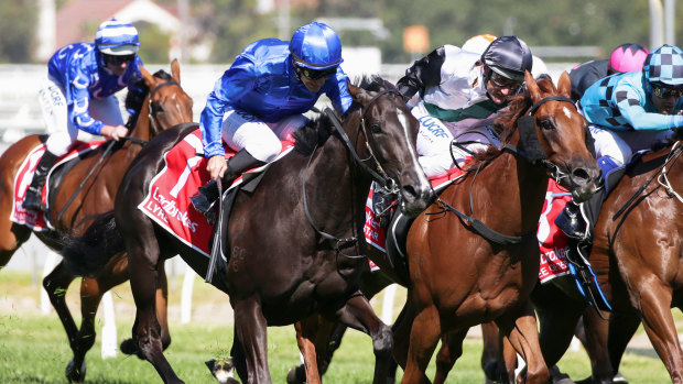 Lyre (Luke Currie) wins the group 1 Blue Diamond Stakes. 