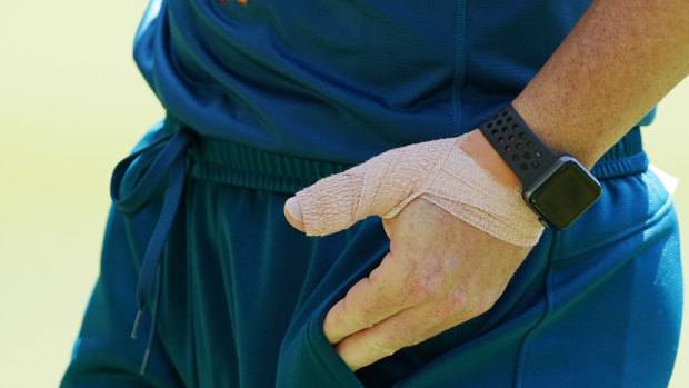 David Warner had his thumb taped up during training on Tuesday.