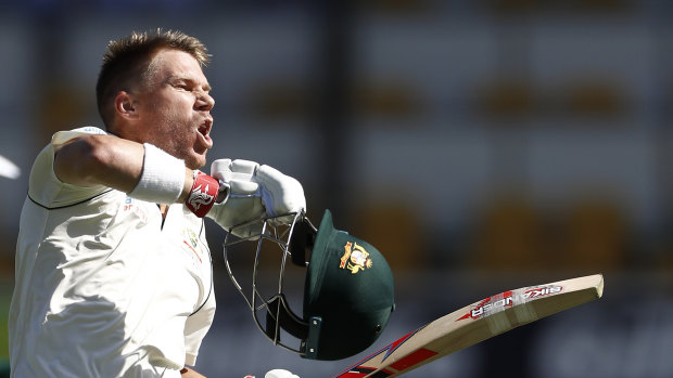 David Warner celebrates his first Test century in nearly two years, and his 22nd overall.