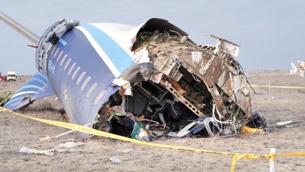 The wreckage of Azerbaijan Airlines Embraer 190 lies on the ground near the airport of Aktau, Kazakhstan.