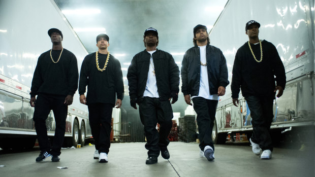 Aldis Hodge, from left, as MC Ren, Neil Brown as DJ Yella, Jason Mitchell as Eazy-E, OíShea Jackson as Ice Cube and Corey Hawkins as Dr Dre, in the film, "Straight Outta Compton".