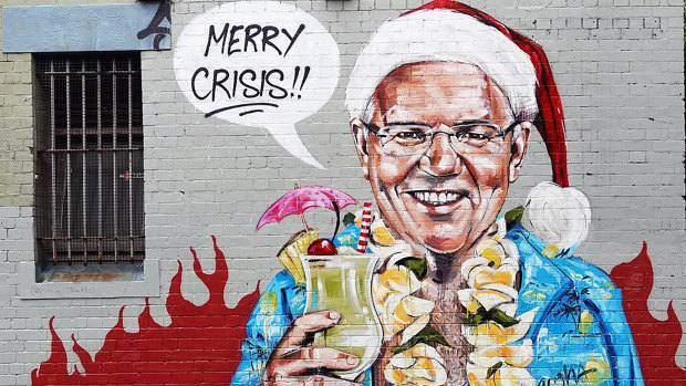 Scott Marsh painted this mural of Scott Morrison on a wall in the Sydney suburb of Chippendale.