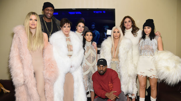 From left, Khloe Kardashian, Lamar Odom, Kris Jenner, Kendall Jenner, Kourtney Kardashian, Kanye West, Kim Kardashian, Caitlyn Jenner and Kylie Jenner at Kanye West’s Yeezy Season 3 launch in 2016. 
