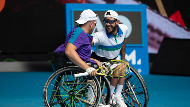 Back for more: Wheelchair tennis quad doubles partners Dylan Alcott and Heath Davidson in action during the Australian Open in February.