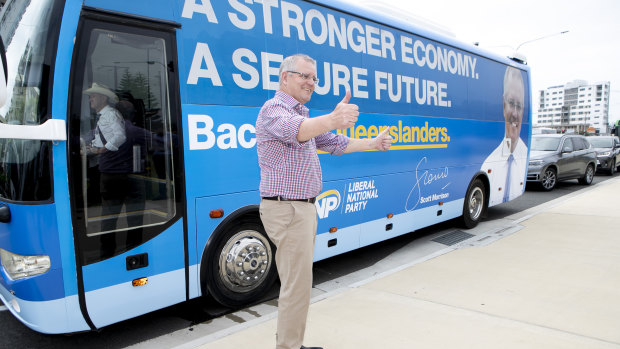 On the road: Prime Minister Scott Morrison is travelling Queensland by bus - and plane.
