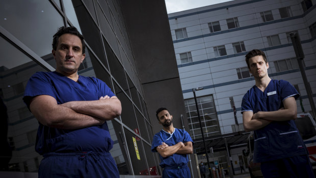Austin Hospital cardiologists Anoop Koshy, Liam Toner and Matias Yudi (far left), who says 'every minute counts with a heart attack so a 12 hour delay is quite a scary prospect.'
