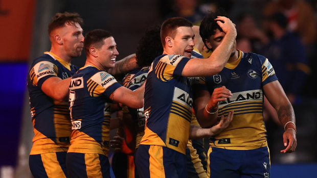 Dylan Brown celebrates with the Eels against the Roosters on May 7.