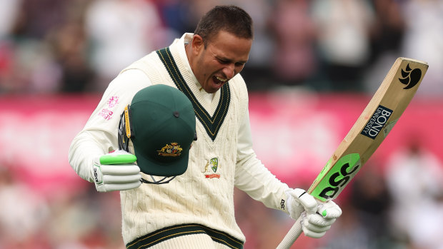 Usman Khawaja celebrates yet another hundred.