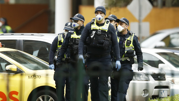 Police patrolling Melbourne's lockdown zone on July 7.