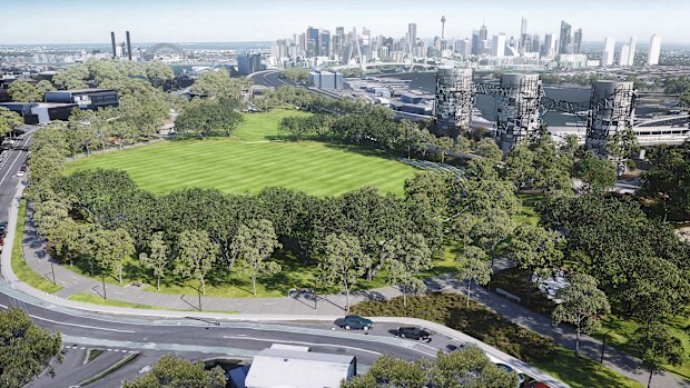 An artist’s impression of proposed parkland above the Rozelle Interchange. 