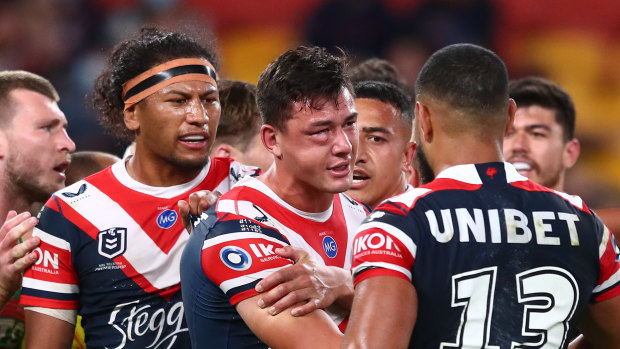 Joey Manu suffered a horror facial injury against the Rabbitohs in 2021.