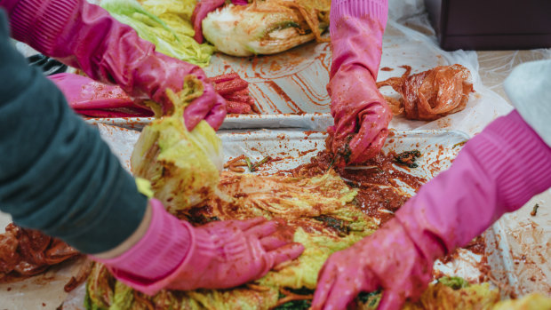 People prepare the traditional food at a kimchi-making festival in Goesan, South Korea.