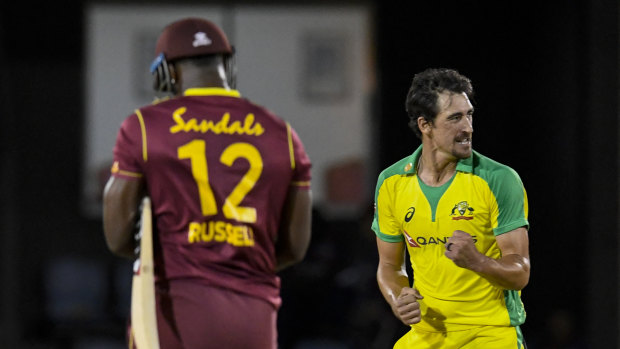 Mitchell Starc celebrates a wicket in the West Indies series broadcast on Foxtel.