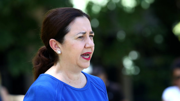 Premier Annastacia Palaszczuk speaks to the media at the University of Queensland on Sunday.