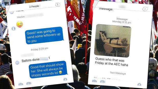 AWU staff were asked to explain "inappropriate and highly offensive" text messages about WA Labor senate candidate Alana Herbert which included demeaning comments about her and one in which she was likened to a GIF of a semi-naked woman.