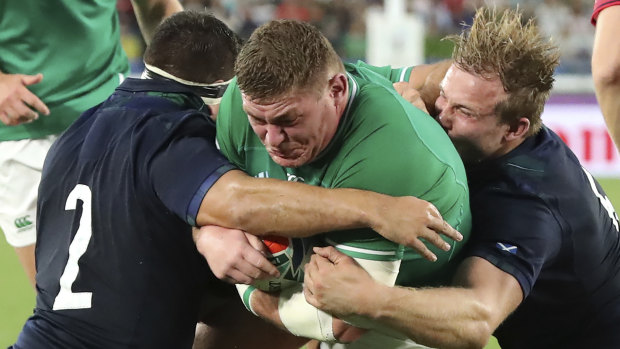 Tadhg Furlong crosses for one of Ireland's three first-half tries during their 24-point win over Six Nations rivals Scotland.