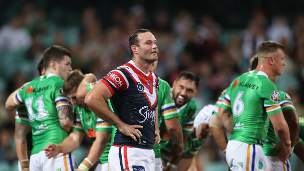 Courageous Roosters captain Boyd Cordner after a Canberra try.