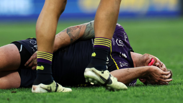 Cameron Munster in all sorts during the round 11 NRL match between Melbourne Storm and Parramatta Eels at Suncorp Stadium.