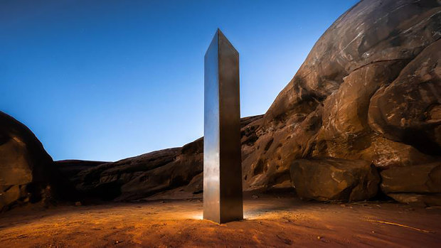 A monolith that was placed in a red-rock desert in an undisclosed location in San Juan County, south-eastern Utah, in November.