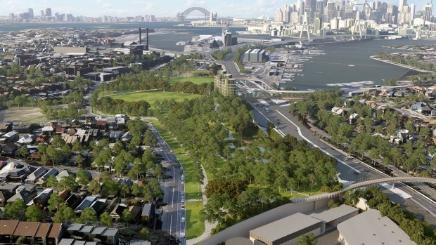 An artist's impression of parkland above the Rozelle Interchange. 