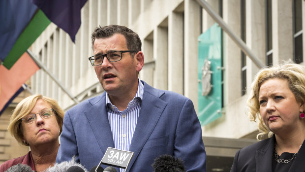 Premier Daniel Andrews, flanked by Police Minister Lisa Neville (left) and Attorney-General Jill Hennessy, announces the royal commission into Informer 3838 last December.