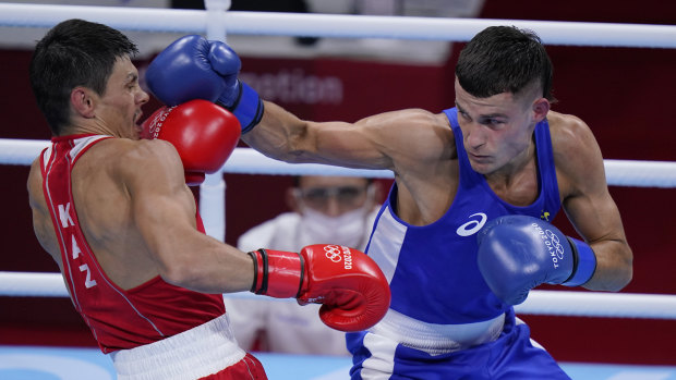 Harry Garside connects with a right hand against Kazakhstan’s Zakir Safiullin.