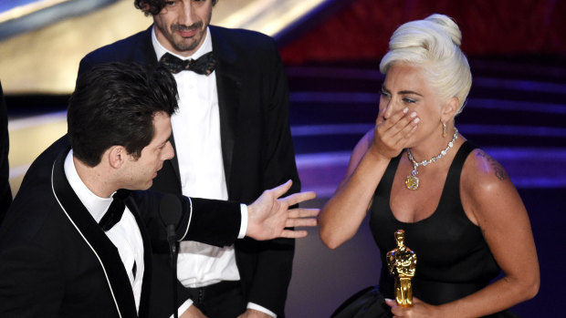 Mark Ronson, from left, Anthony Rossomando and Lady Gaga accept the award for best original song at the 91st Oscars.