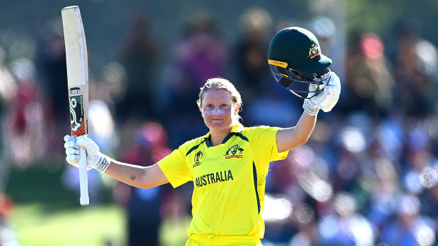 Alyssa Healy celebrates her hundred in the World Cup earlier this year. 
