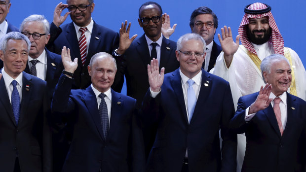 Russian President Vladimir Putin and Prime Minister Scott Morrison during the family photo at the G20 summit in Buenos Aires last year.