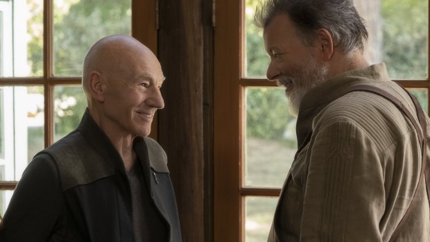 Patrick Stewart as Jean-Luc Picard and Jonathan Frakes as Will Riker in Star Trek: Picard.