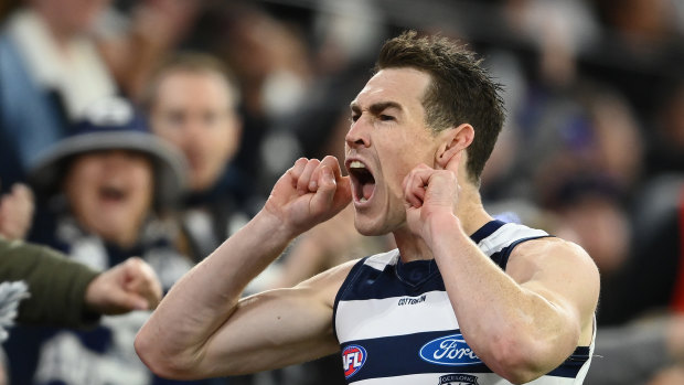 Jeremy Cameron celebrating a goal at the MCG.