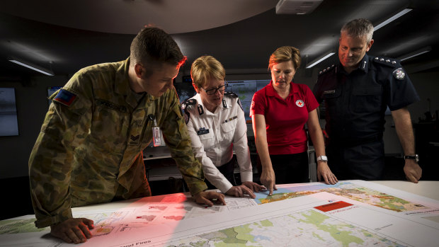 Sergeant Ryan Hodgson from the Australian Army, Deputy Emergency Management Commissioner Deb Abbott, the Red Cross' Kate Siebert and  Victoria Police Inspector Craig Shepherd.